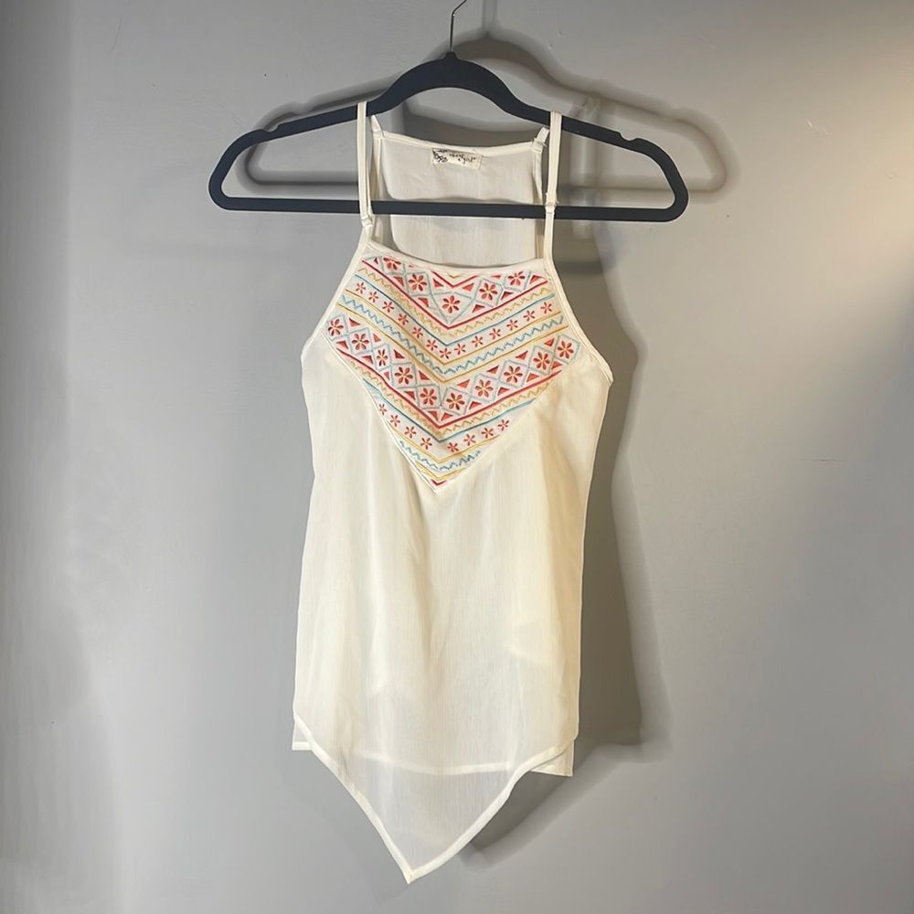 Embroidered Off-White Flowy Tank Top